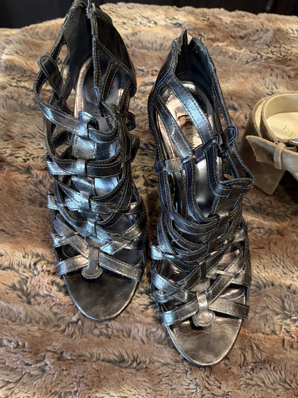 Nine West charcoal and beige gladiator Cutout Heels and zipper heals 2 pairs